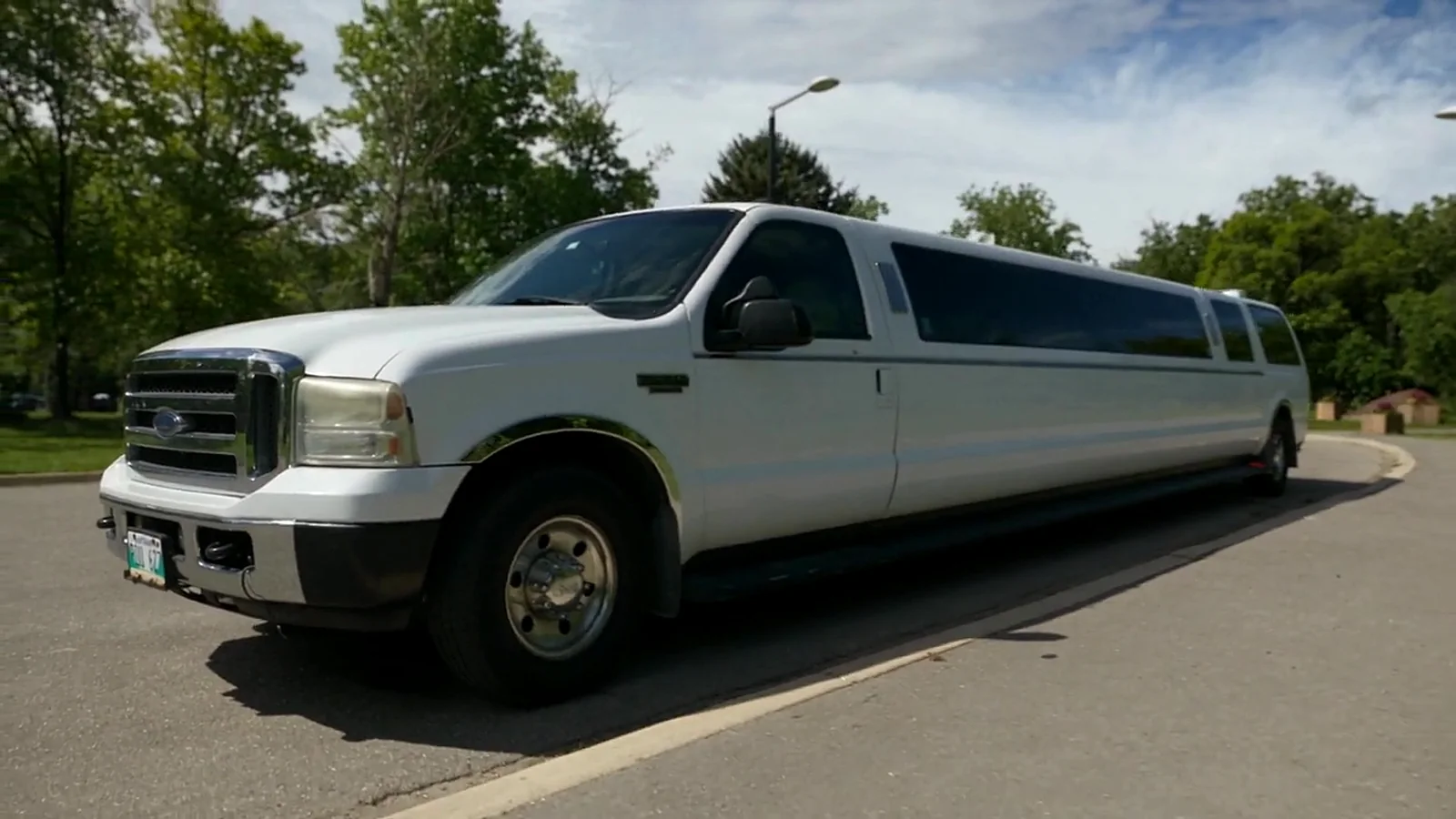 The white Ford Excursion stretch limousine parked under summer trees