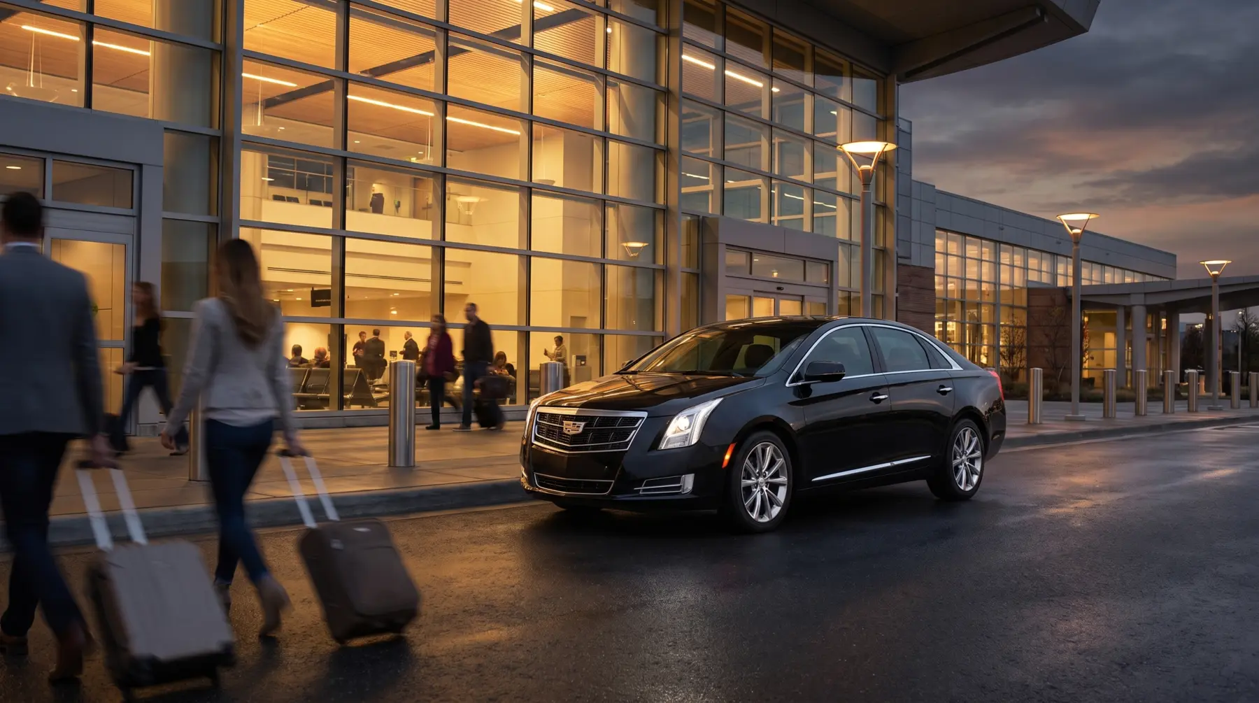 Airport arrivals curb at dusk, executive sedan waiting