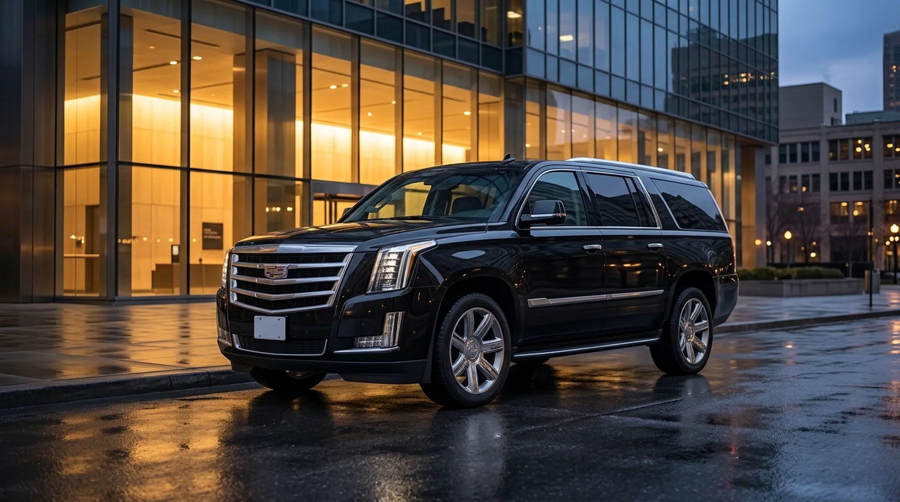 Black Cadillac Escalade ESV at a downtown office entrance at dusk