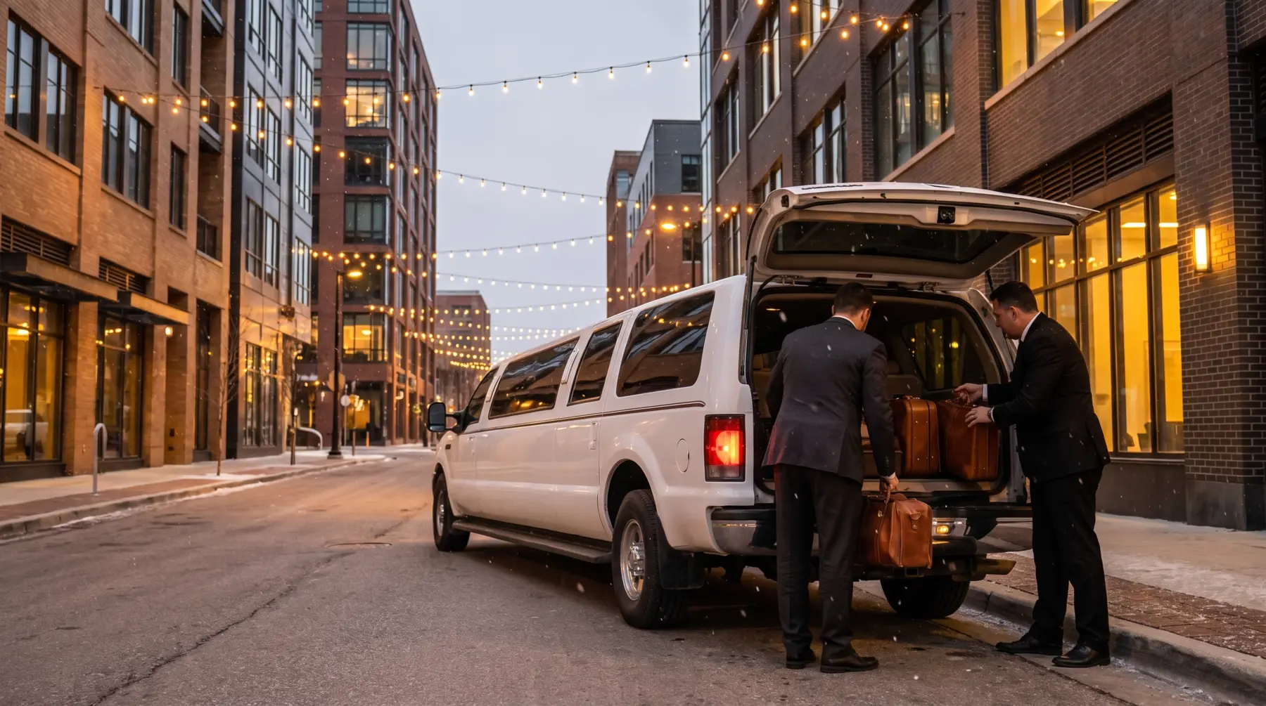 Luggage loaded into the open rear hatch of the white stretch limousine in winter