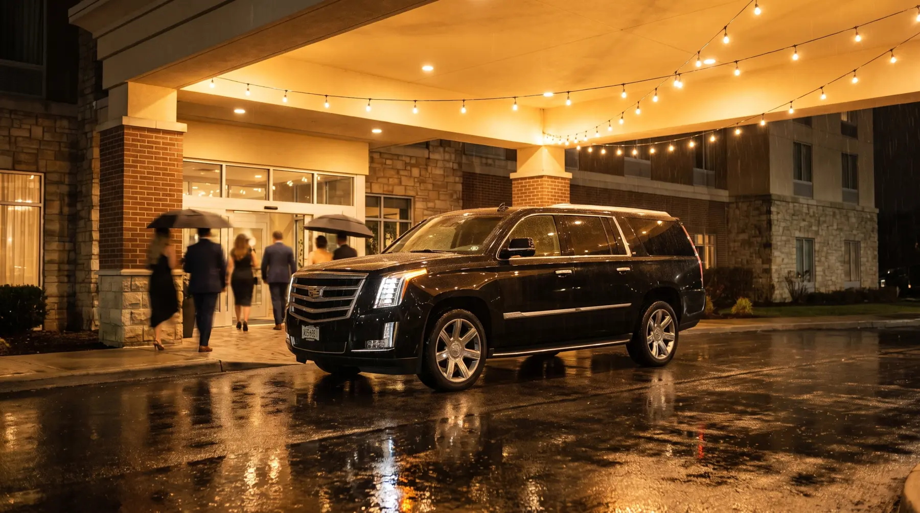 Black Escalade at an illuminated gala entrance at night